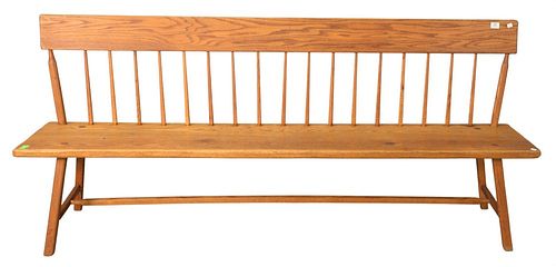 Oak Mission Style Slat Back Bench, height 35 1/2 inches, seat height 18 inches, length 84 inches, depth 16 1/2 inches.