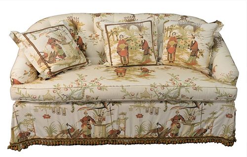 Custom Loveseat, having Chinese motif upholstery along with three matching throw pillows, height 33 inches, length 64 inches, Provenance: David and Cy