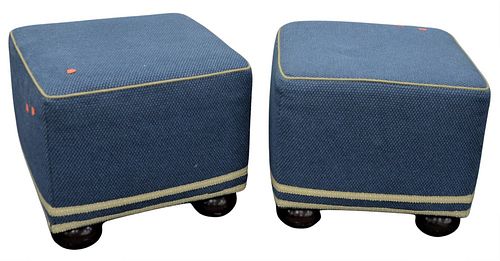 Pair of Custom Ottomans, in blue and yellow upholstery, height 16 1/2 inches, width 19 1/2 inches, depth 19 1/2 inches, Provenance: David and Cynthia 