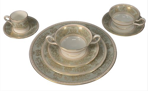 Approximately 252 Pieces of Wedgwood "Gold Columbia Sage Green" China, to include 16 dinner plates; 16 salad plates; 16 dessert plates; 26 soup bowls;
