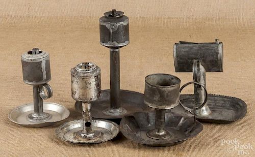Five pieces of early American tin lighting, 19th c.