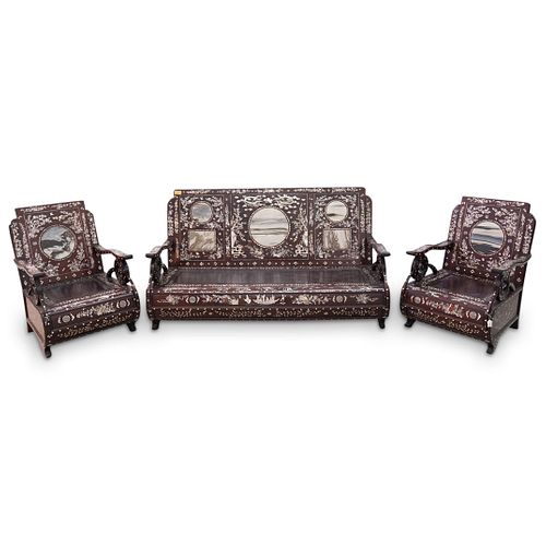(3Pc) Chinese Mother of Pearl Bench & Chair Set