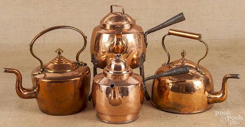 Four copper tea kettles, 19th/20th c.