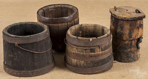 Four wooden buckets, 19th c.