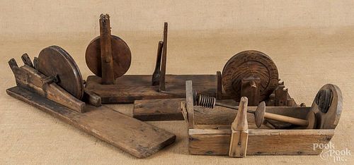 Four wooden hand crank peeler bases, 19th c.