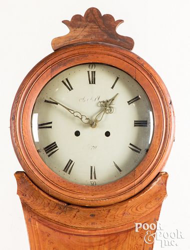 Scandinavian painted pine tall case clock, 19th c.