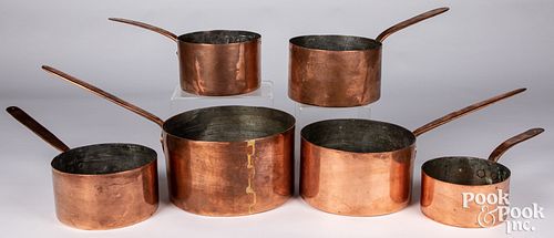 Graduated set of six copper cookware pots, 19th c.