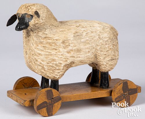 Carved & painted sheep pull toy, signed Schifferl