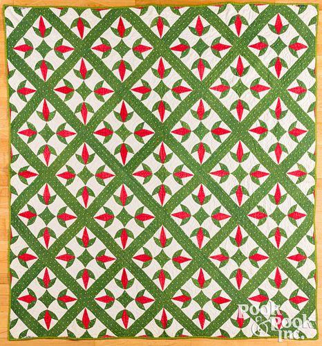 Green and red pieced quilt, ca. 1900, 76" x 74".