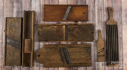 Collection of eight wooden slaw boards and food cutters