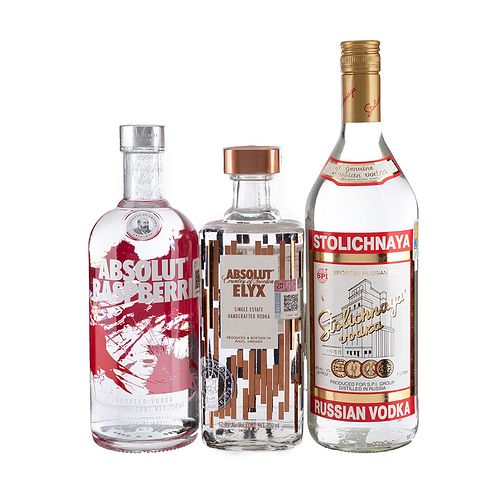 Vodka. a) Absolut. Elyx y Raspberri. b) Stolichnaya. Original. Total de piezas: 3.