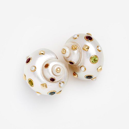 Trianon Shell, Gemstone, Pearl, & 18k Earrings