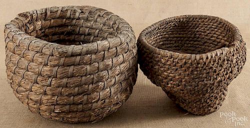 Two large rye straw bee skep baskets, 19th c.