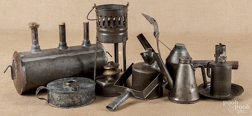 Group of early American tin lighting, 19th c.