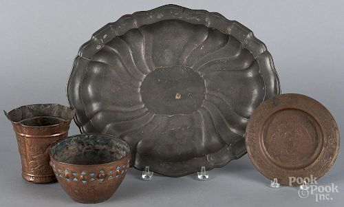 Three pieces of copper tablewares, to include a German or Austrian repoussé and chased basket