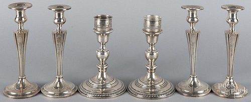 Three pairs of sterling silver weighted candlesticks, tallest - 8 1/2''.