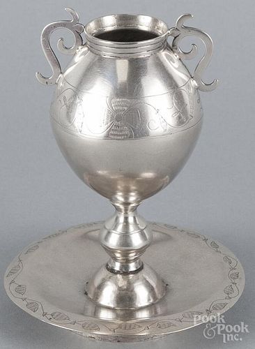 South American white metal mate cup, likely Bolivian, 19th c., with floral engravings, 5 1/2'' h.