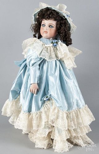 Contemporary Bru Jne style porcelain doll, inscribed {Bru Jne 13}, with paperweight blue eyes