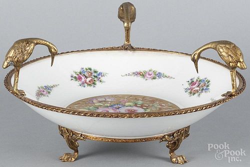 Limoges St. Martial brass-mounted center bowl, 20th c., with figural bird surround, 6 1/2'' h.