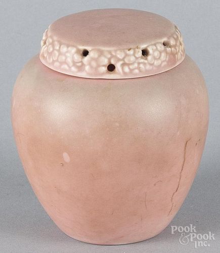 Rookwood pink three-piece potpourri jar, 1932, style 1321 E, marked on base, 3 1/2'' h.