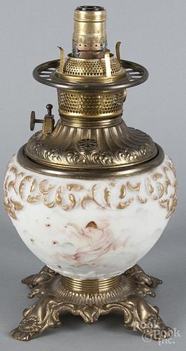 Embossed milk glass oil lamp base, 19th c., with a painted angel scene, 10'' h.