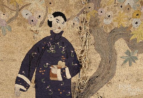 Chinese embroidered wall hanging, late 19th c., having a portrait of a woman, 56'' x 60''.