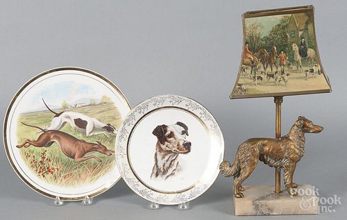 Brass and marble dog lamp, 20th c., 14 1/2'' h., together with a Sevres dog portrait plate, 10'' dia.