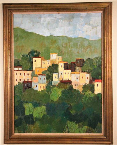 HERB MEARS CITY ON A HILL ACRYLIC PAINTING