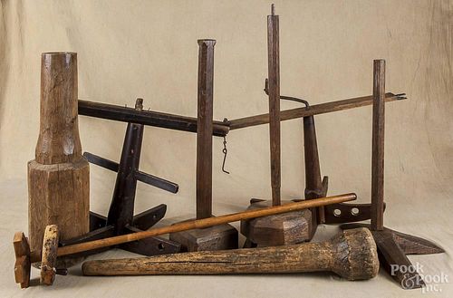 Group of wooden stands, churn paddles, etc.