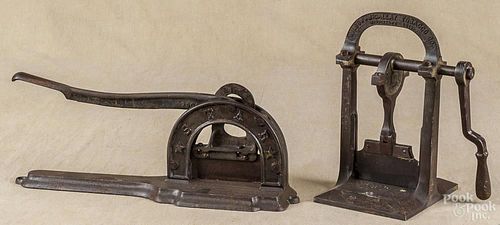 Two cast iron tobacco cutters, ca. 1900