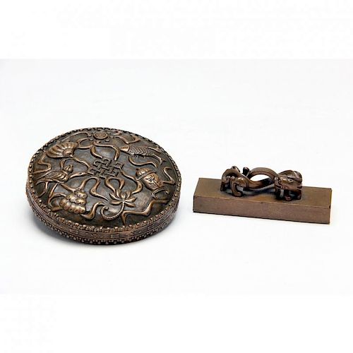Two Antique Bronze Scroll Weights