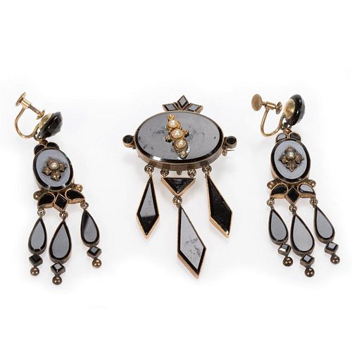 Victorian onyx & half pearl mourning brooch & earrings
