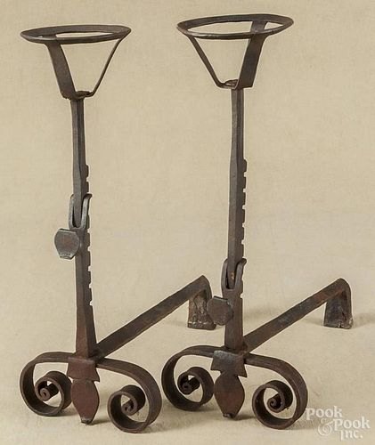 Pair of wrought iron andirons, 20th c.