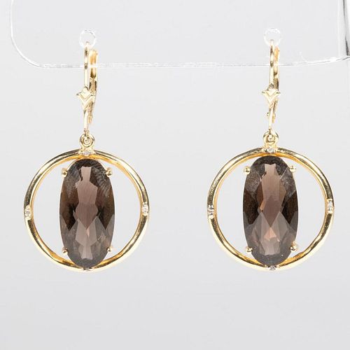 Pair of smoky quartz, diamond and 14k gold earrings