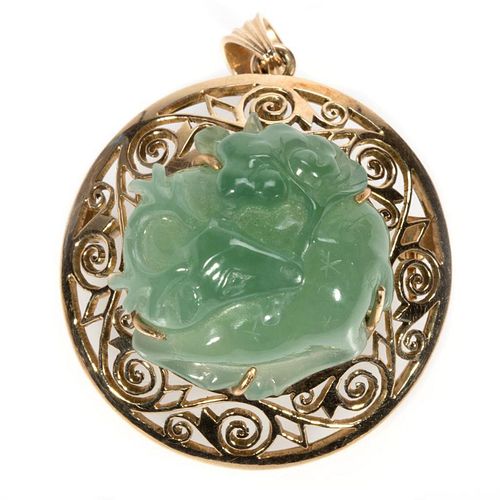 Carved green hardstone and 14k gold brooch-pendant