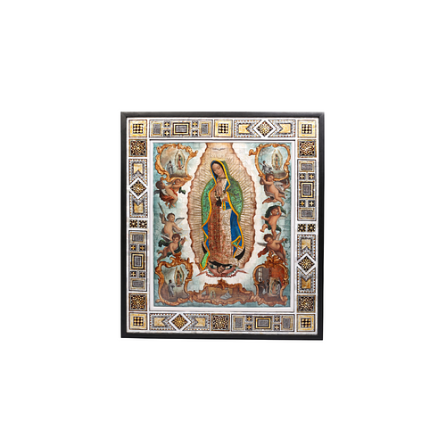 Outstanding Virgin of Guadalupe with angels and religious scenes made with feathers 