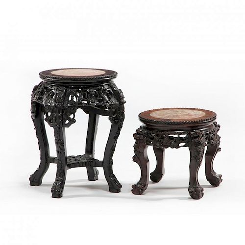 Two Chinese Marble Top Carved Low Stands