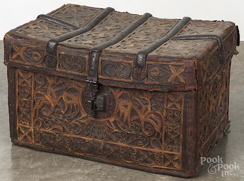 Mexican woven cane, leather, and iron petaca trunk, 17th/18th c., decorated with appliqué animals