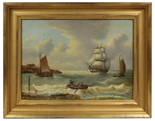 19TH C. DUTCH SEASCAPE WITH SHIP AND BOATS, SIGNED 'DONNAT'