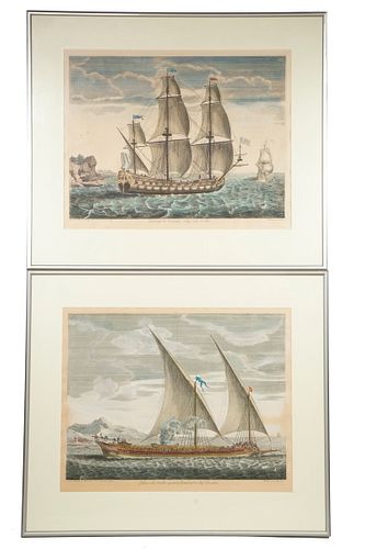 (2) 20TH C. RESTRIKES OF EARLY 19TH C. FRENCH MARINE HAND COLORED ENGRAVINGS, FRAMED