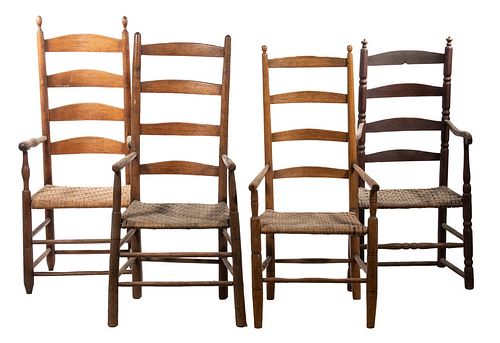 GROUP OF (4) 18TH C. COUNTRY LADDERBACK ARMCHAIRS