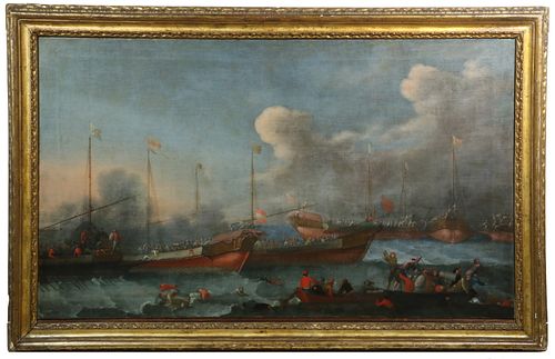 EARLY 18TH C. MONUMENTAL OIL PAINTING OF AN HISTORIC NAVAL ENGAGEMENT, ARTIST UNKNOWN