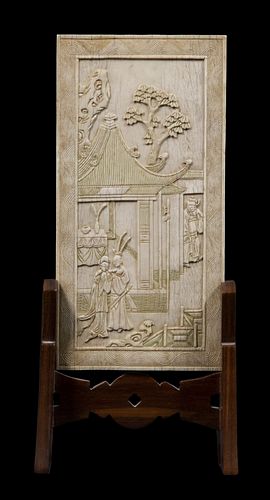 CHINESE QING IVORY TABLE PLAQUE IN WOODEN STAND