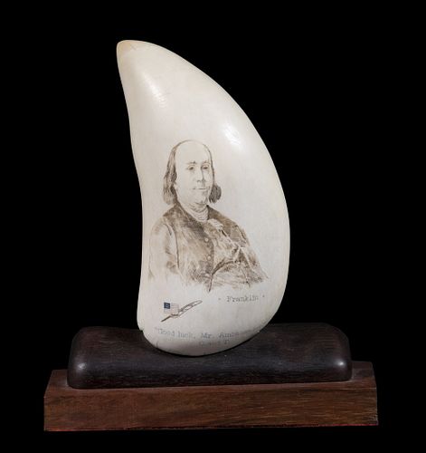 AMERICAN PATRIOTIC SCRIMSHAWN BULL WHALE TOOTH WITH US NAVY HISTORIC WOOD MOUNT, OWNED BY AMBASSADOR WATSON