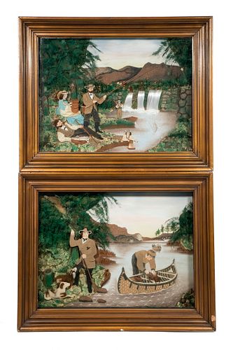 (2) LARGE 19TH C. FOLK ART DIORAMAS OF SPORTING IN THE WILDERNESS, AFTER CURRIER & IVES PRINTS, IN MATCHING SHADOWBOX FRAMES