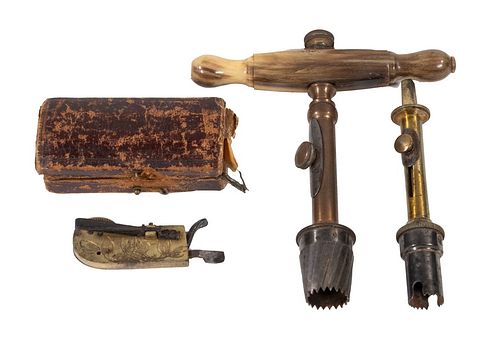 EARLY 19TH C. BLOOD LETTING TOOL, CASED & TWO-PART TREPANNING TOOL