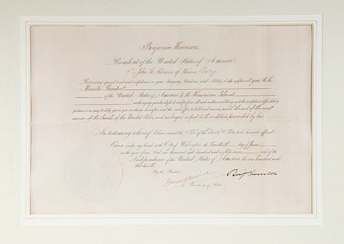 PRESIDENT BENJAMIN HARRISON APPOINTMENT OF JOHN STEVENS FROM MAINE AS MINISTER TO HAWAII, 1889
