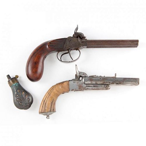 Two Double-Barrel Percussion Pistols With Powder Flask