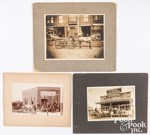 Three photographs of horses and store fronts