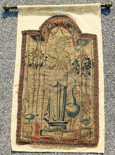 19C Juno and Peacock Embroidered Tapestry